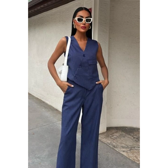 Yeleği Çapraz Detay Düğmeli Cepli Yelekli Takım 10150