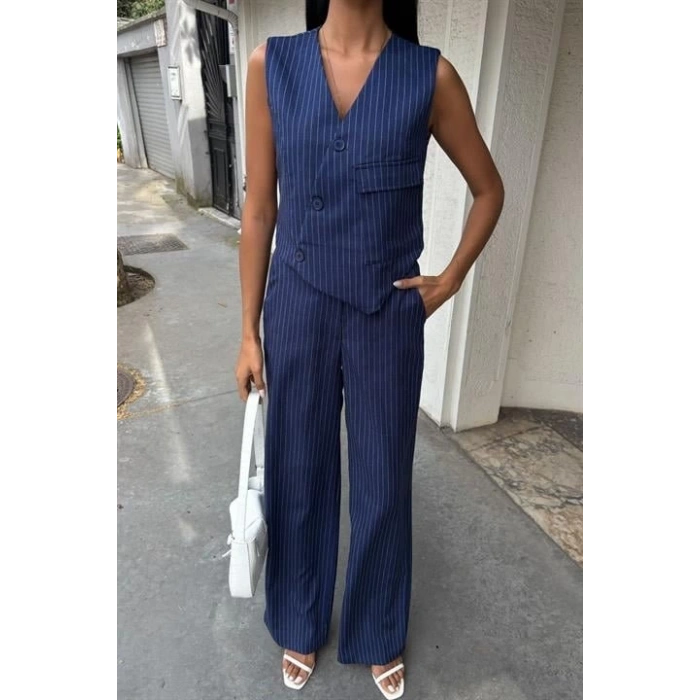 Yeleği Çapraz Detay Düğmeli Cepli Yelekli Takım 10150