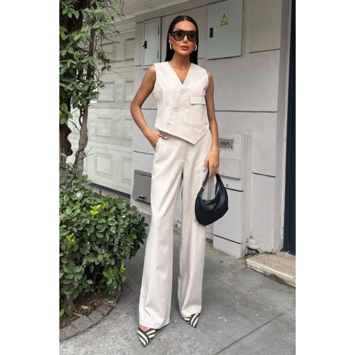 Yeleği Çapraz Detay Düğmeli Cepli Yelekli Takım 10150