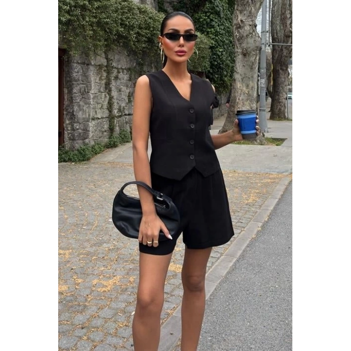 Yelek Şort Flamlı Keten Takım 10133-17