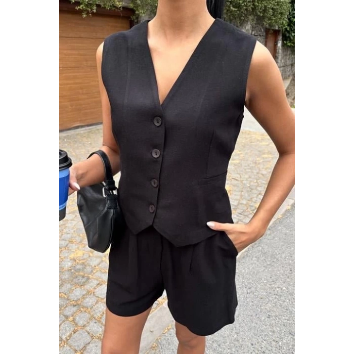 Yelek Şort Flamlı Keten Takım 10133-17