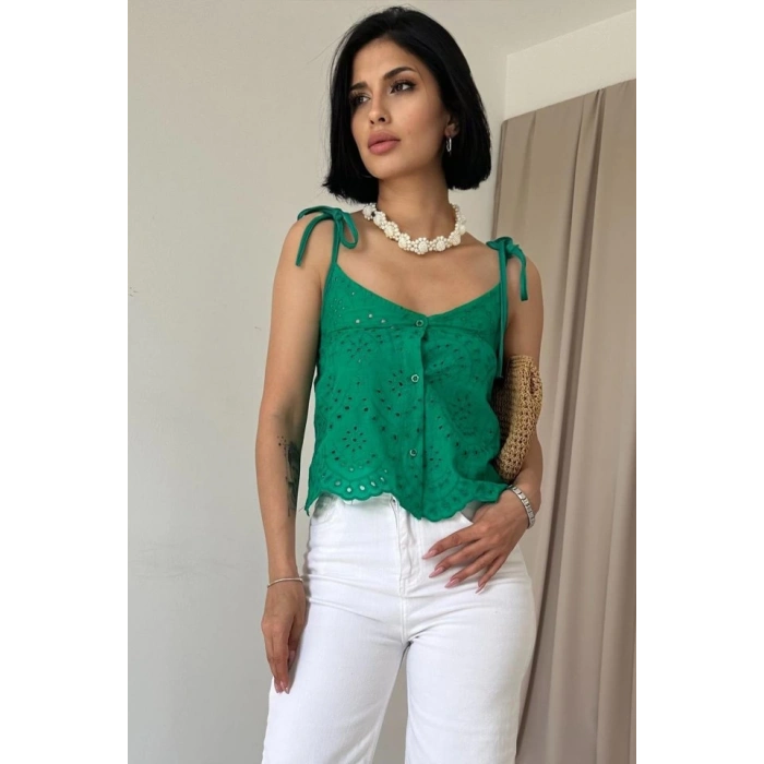 Yeşil Bağcıklı Brode Bluz