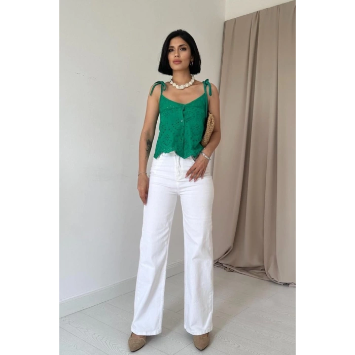 Yeşil Bağcıklı Brode Bluz