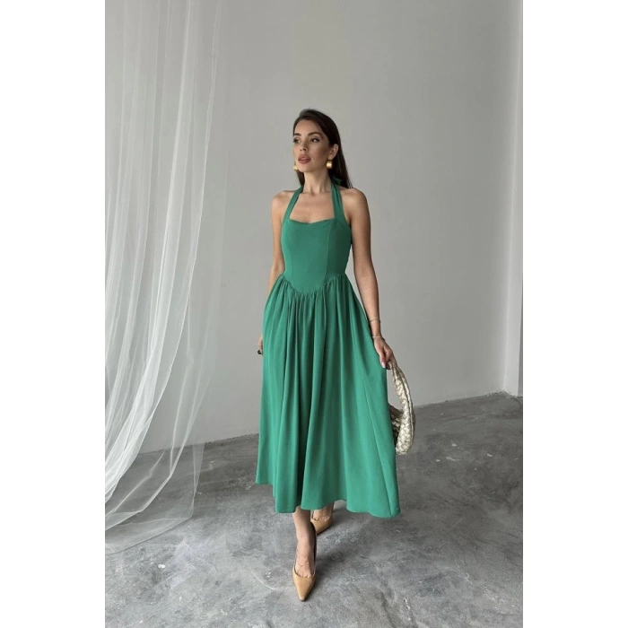 Yeşil Boyundan Bağlamalı Keten Elbise