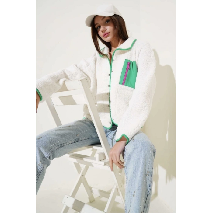 Yeşil fermuar cepli kuzu mont beyaz t1085