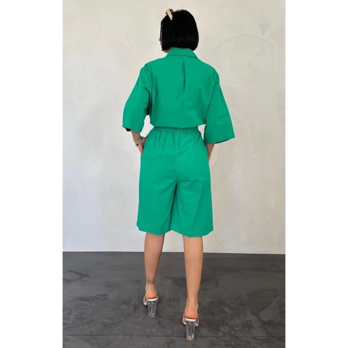 Yeşil Kısa Kollu Keten Gömlek Ve Şort Takım