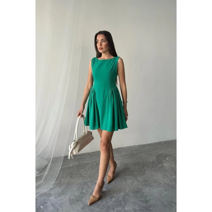 Yeşil Mini Boy Büzgülü Keten Elbise