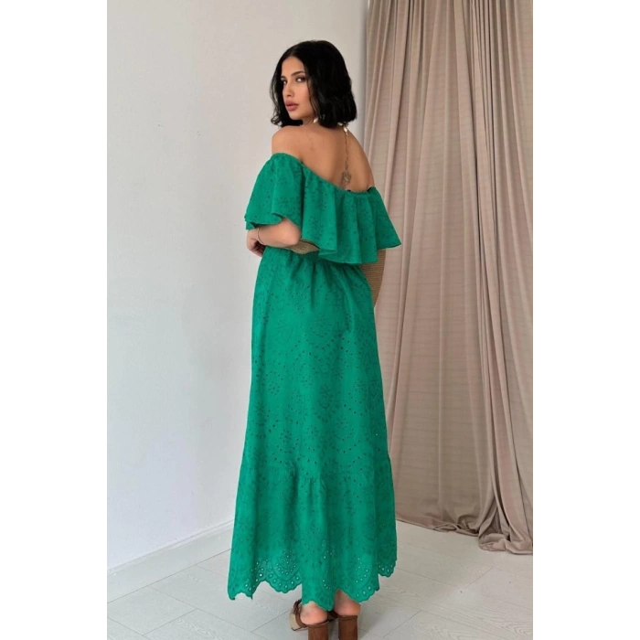 Yeşil Omzu Lastikli Brode Elbise