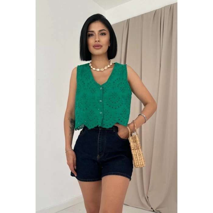 Yeşil Sıfır Kol Brode Bluz