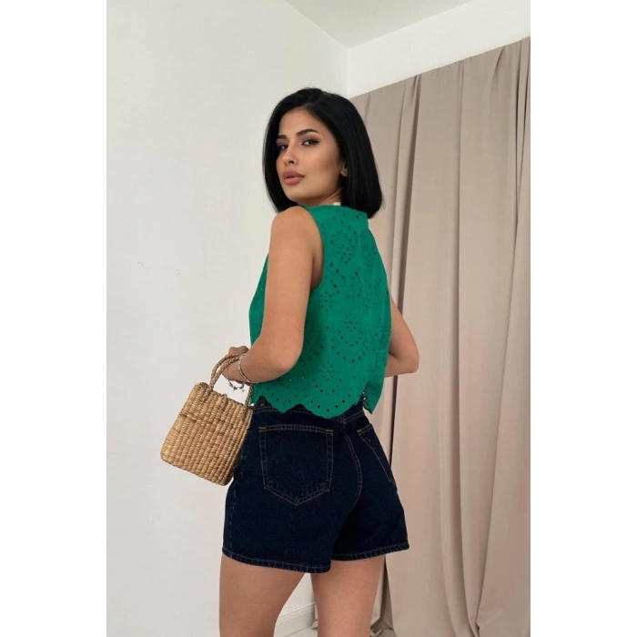 Yeşil Sıfır Kol Brode Bluz