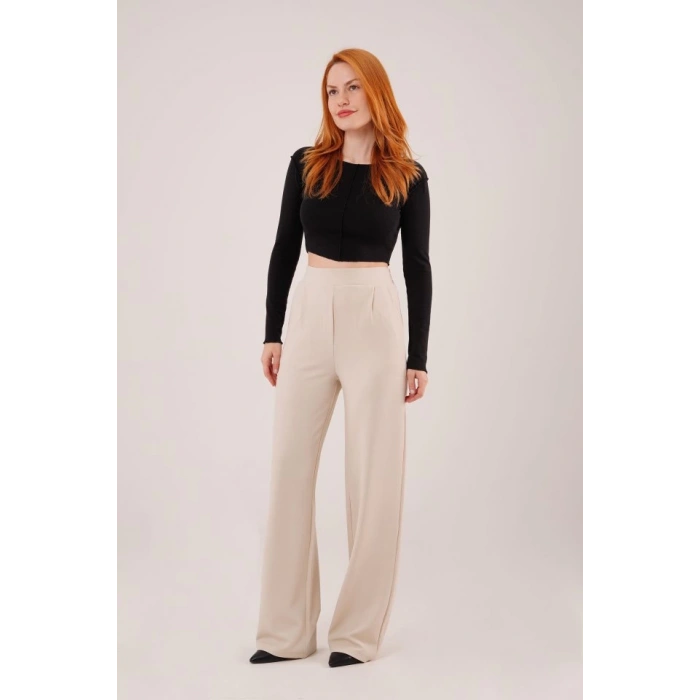 Yüksek Bel Bol Paça Krep Krem Pantolon