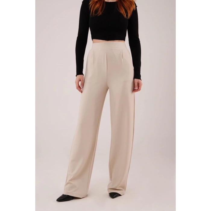 Yüksek Bel Bol Paça Krep Krem Pantolon