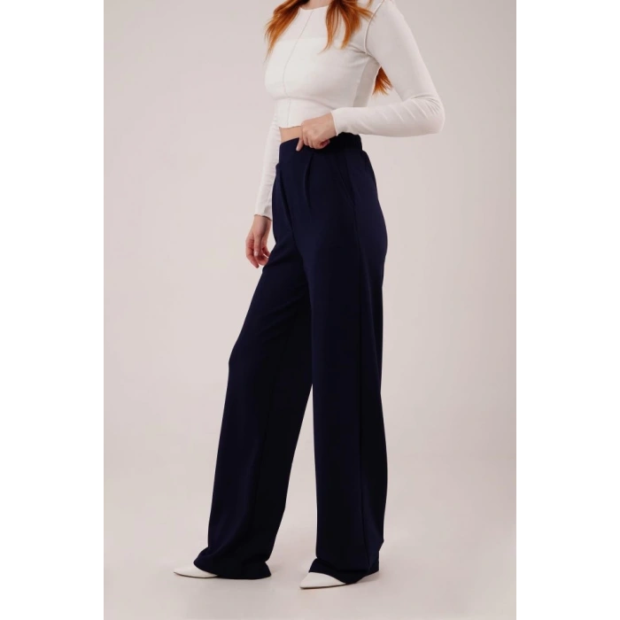 Yüksek Bel Bol Paça Krep Lacivert Pantolon