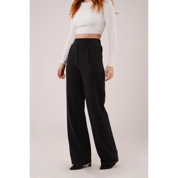 Yüksek Bel Bol Paça Krep Siyah Pantolon
