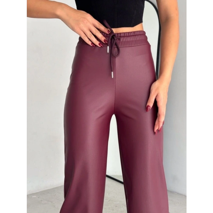 Yüksek Bel Geniş Paça Içi şardonlu Deri Pantolon.