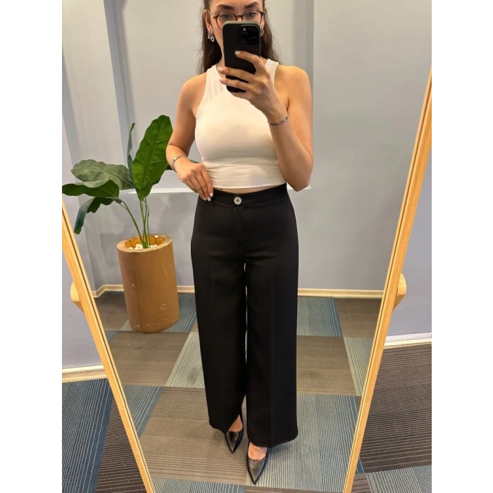 Yüksek Bel Palazzo Metal DüğmePantolon