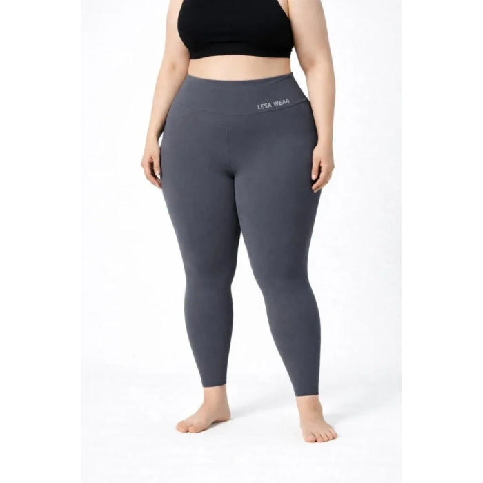 Yüksek Bel Toparlayıcı Likralı Dalgıç Spor Tayt  Esnek Battal Büyük Beden - Füme