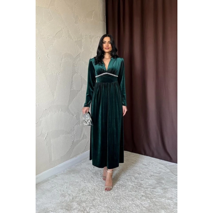 Zümrüt Göğüs Altı Taşlı Elbise