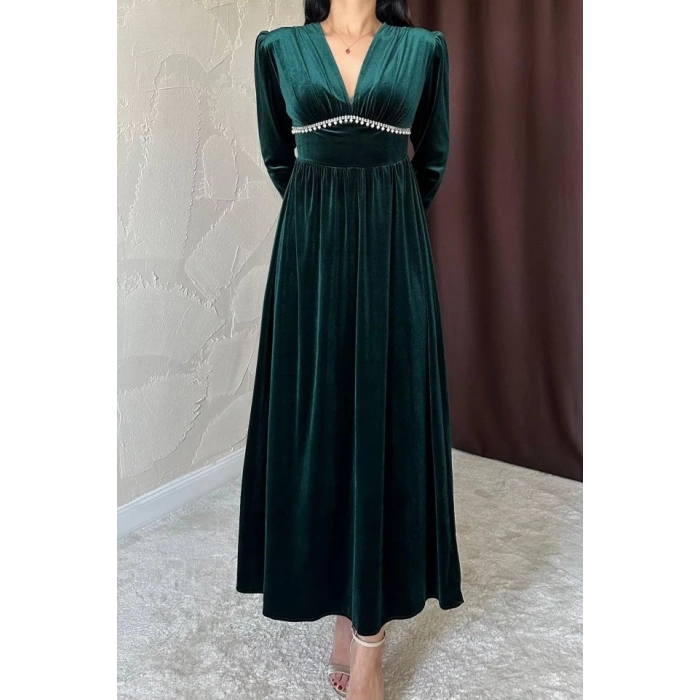 Zümrüt Göğüs Altı Taşlı Elbise