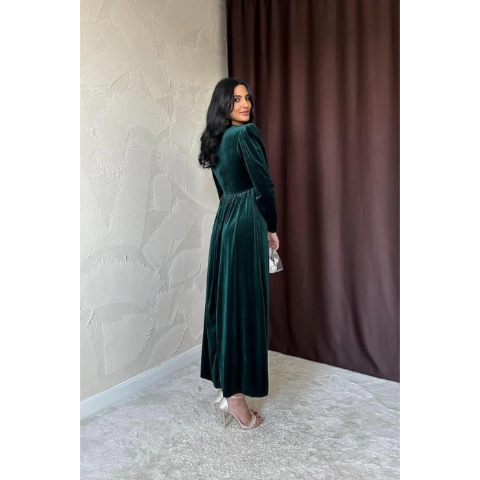 Zümrüt Göğüs Altı Taşlı Elbise