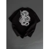Baskılı Oversize Bisiklet Yaka T-shirt - Siyah