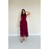 Bordo Önü Büzgülü Fırfırlı Elbise