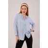 Cep Detay Çizgili Oversize Mavi Gömlek
