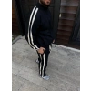 Erkek Çift Şeritli Eşofman Takım Dik Yaka Fermuarlı Sweatshirt Boru Paça Alt, Oversize 3 Iplik Pamuklu - Siyah