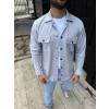 Erkek Diagonal Kumaş Cepli Çıtçıtlı Uzun Kollu, Gömlek Oversize Rahat Kalıp Günlük Şık Stil - Gri