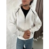 Erkek Oversize Dik Yaka Fermuarlı Sweatshirt - Zincir Nakışli Kanguru Cepli - Beyaz