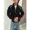 Erkek Oversize Dik Yaka Fermuarlı Sweatshirt - Zincir Nakışli Kanguru Cepli - Siyah