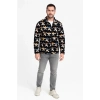 Erkek Tam Fermuarlı Desenli Polar Sweat – Siyah Multicolor Figür Desen Yakalı, Uzun Kollu, Oversize Rahat Kalıp- Siyah