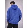 Erkek Yağ Yıkamalı Kapşonlu Double Oversize Üç İplik Pamuklu Sweatshirt - Mavi