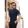 Erkek Yaka Ve Kolları çizgi Detaylı Fermuarlı Kısa Kollu T-shirt