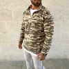 Erkek Yarım Fermuarlı Desenli Polar Sweat – Haki Kamuflaj Yakalı, Uzun Kollu, Oversize Rahat Kalıp - Haki