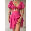 Fuşya Brode Crop Ve Mini Etek Takım