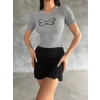 Kadın Kelebek Desenli Bisiklet Yaka Fit Bluz