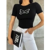 Kadın Kelebek Desenli Bisiklet Yaka Fit Bluz