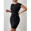 Kadın Kısa Kap Kollu Bisiklet Yaka Belden Bağlamalı Modal Mini Elbise
