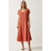 Kadın Kısa Kollu V Yaka Salaş Maxi Boy Elbise