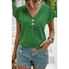 Kadın Kısa Kollu V Yakalı Düğmeli Keten Bluz