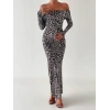 Kadın Madonna Yaka Dalgıç Kumaş Leopar Desen Maxi Boy Derin Yırtmaçlı Elbise