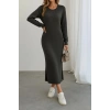 Kadın Uzun Kollu Bisiklet Yaka Yırtmaç Detay Triko Midi Boy Elbise