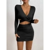 Kadın Uzun Kollu çapraz Dekolte Detaylı Mini Sandy Elbise