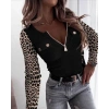 Kadın Uzun Kollu Leopar Desenli Fermuarlı önden Cep Ve Düğme Detaylı Kaşkorse Bluz