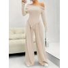 Kadın Uzun Kollu Omuzlardan Açık Asimetrik Kesim Kaşkorse Bluz Ve Pantolon Ikili Pantolon