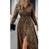 Kadın Uzun Kollu Yakalı Belden Kuşaklı Leopar Desenli Modal Uzun Elbise