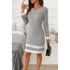 Kadın Uzun Kollu Yuvarlak Yaka Etek Ucu şerit Detaylı Mini Dokuma Elbise