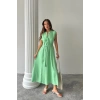 KETEN ELBİSE KOLSUZ BEL BAĞLAMALI MAXİ ELBİSE - Yeşil