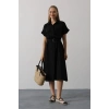 Kuşaklı Cep Detaylı Yarım Kol Elbise - Siyah